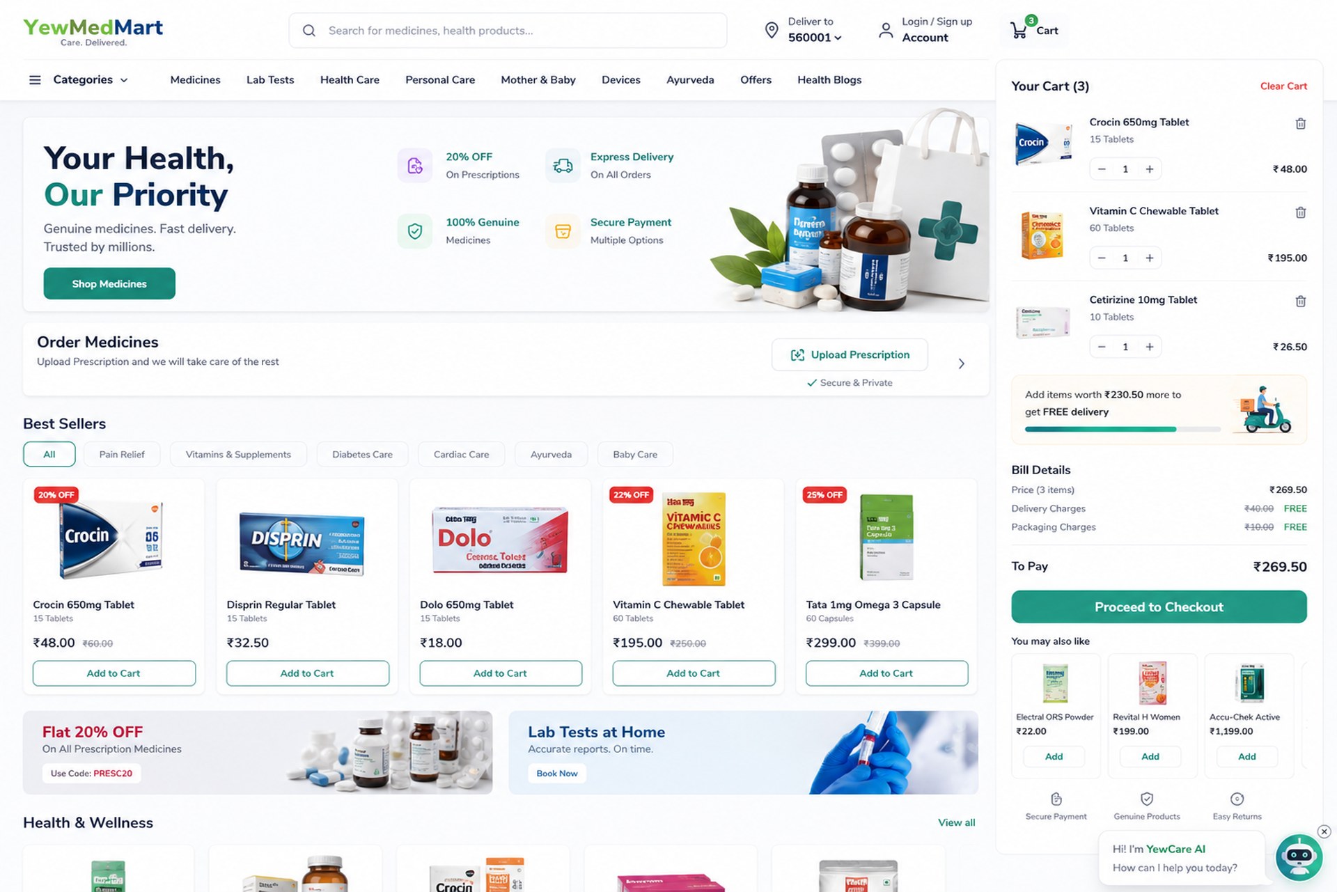 YewPOS ecommerce portal storefront and live cart with checkout and delivery progress