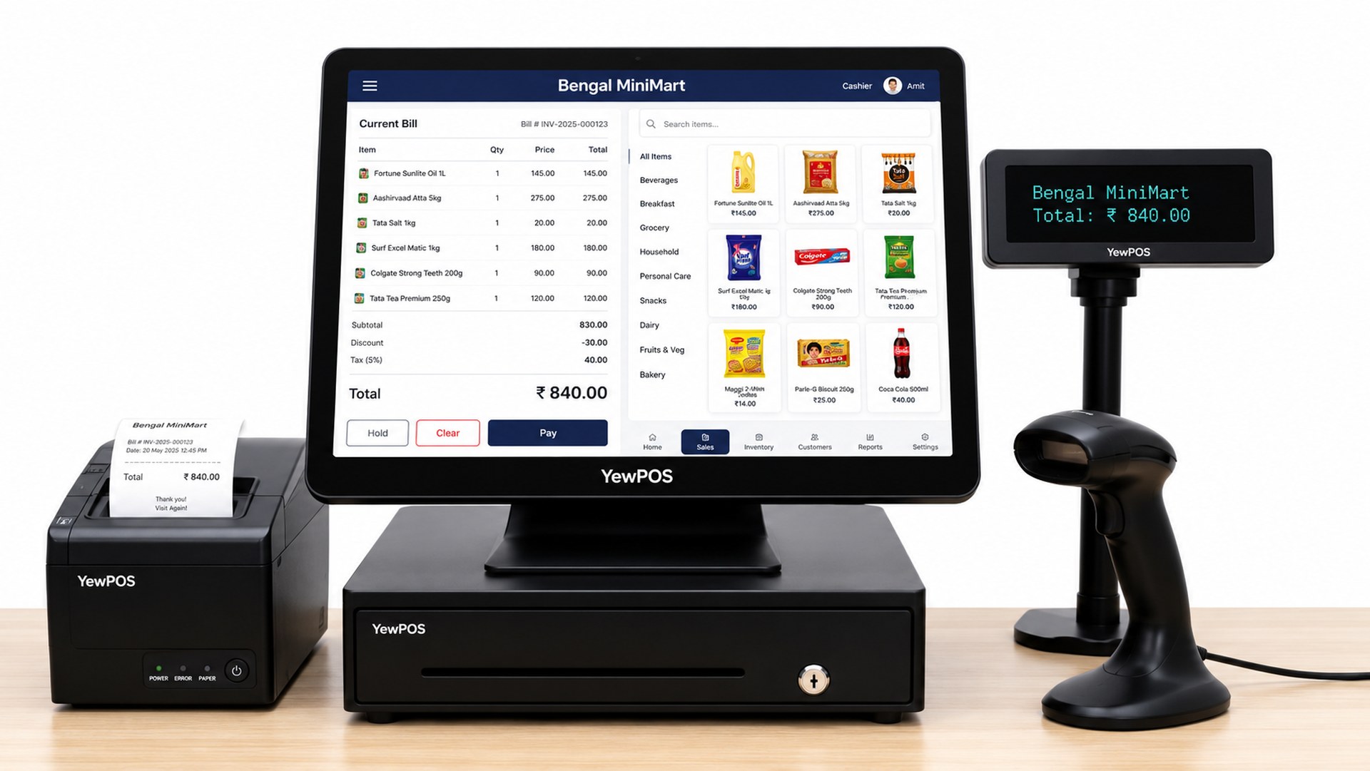 YewPOS general retail checkout counter with POS terminal, receipt printer, customer display and barcode scanner