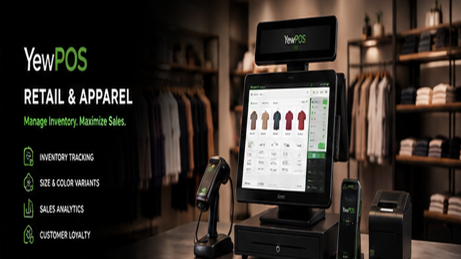 YewPOS apparel store checkout with size and colour variants